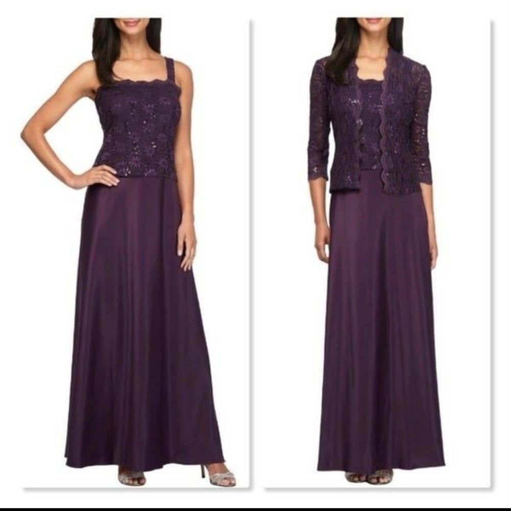 NEW! Alex Evenings Sequin Lace & Satin Gown with Jacket - sz 10 Purple Eggplant
